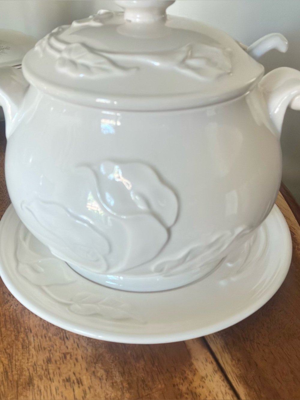Vintage Himark Japan White Embossed Rose Lidded Soup Tureen with Underplate